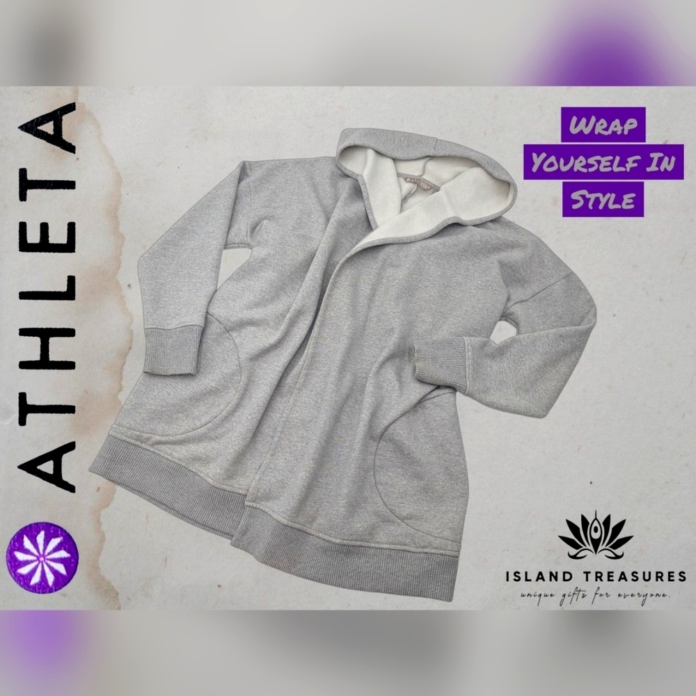 Athleta Prajna Gray Sz L Fleece Lined Open Front Hooded Cotton Cardigan Coat